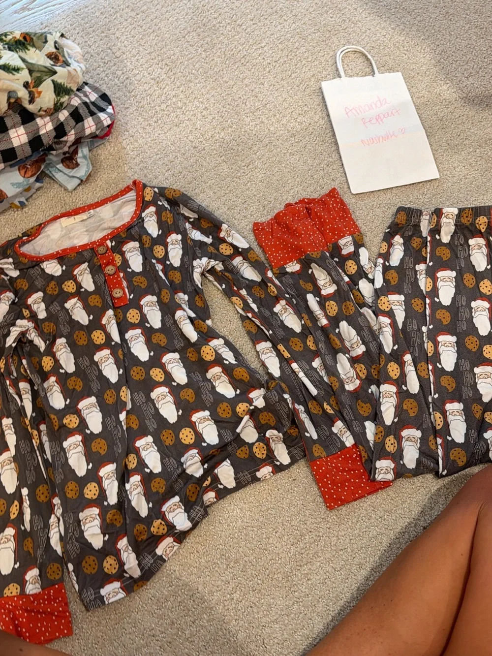 Kids Santa & Cookies Pajama Set - Gray with Red Trim, bamboo